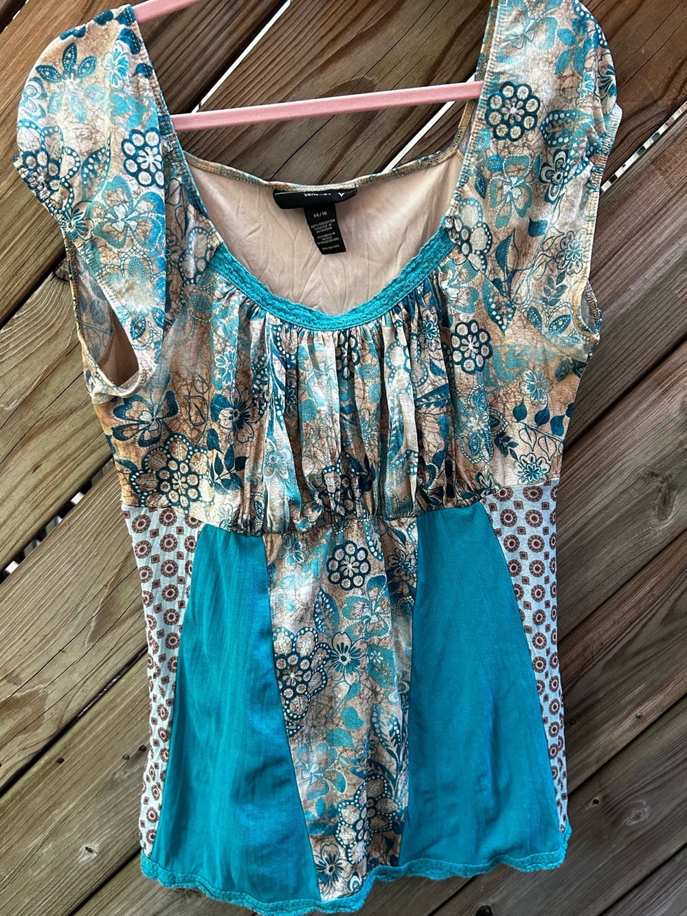 Lane Bryant Venezia Floral Mixed-Print Scoop Neck Top Teal & Gold Floral 14/16